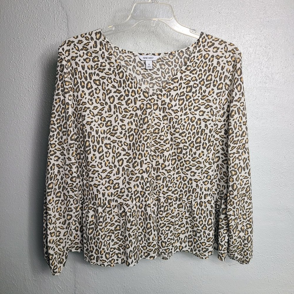 Nine West Women's V Neck Long Sleeve Leopard Print Peplum XL Top Shirt Blouse